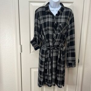 BLL Nyc Woman’s Large Black White Plaid Dress Button Front Tie Belt Pocket New